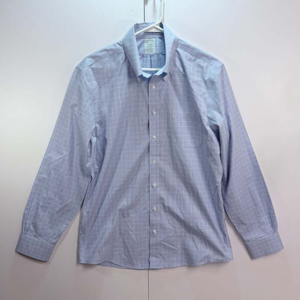 Brooks Brothers Long Sleeve Stretch Poplin, Light Blue Plaid, Size 15 1/2 - 34